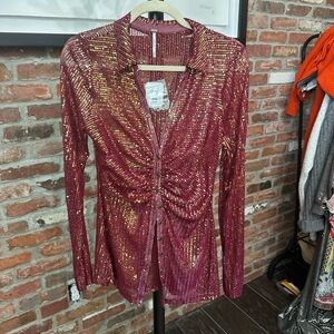 NWTs Free People sequin shirtee in rhubarb